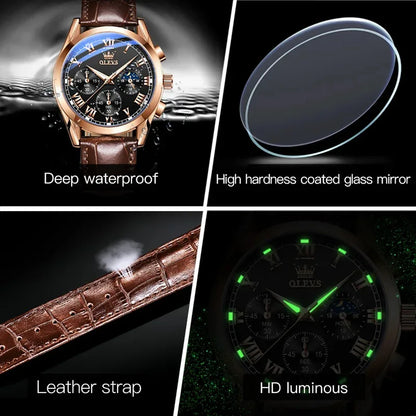 OLEVS 2871 Men Watch Quartz Watch Multifunctional Chronograph Watch Man Waterproof Luminous Moon Phase Watch