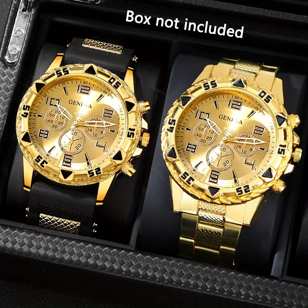 Vintage Men's Quartz Watch Set - 2 Pieces, Stainless Steel and Silicone, Casual and Business Styles