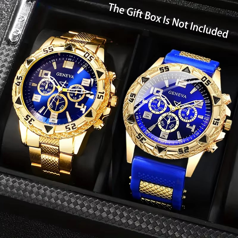 Vintage Men's Quartz Watch Set - 2 Pieces, Stainless Steel and Silicone, Casual and Business Styles