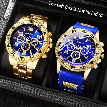 Vintage Men's Quartz Watch Set - 2 Pieces, Stainless Steel and Silicone, Casual and Business Styles
